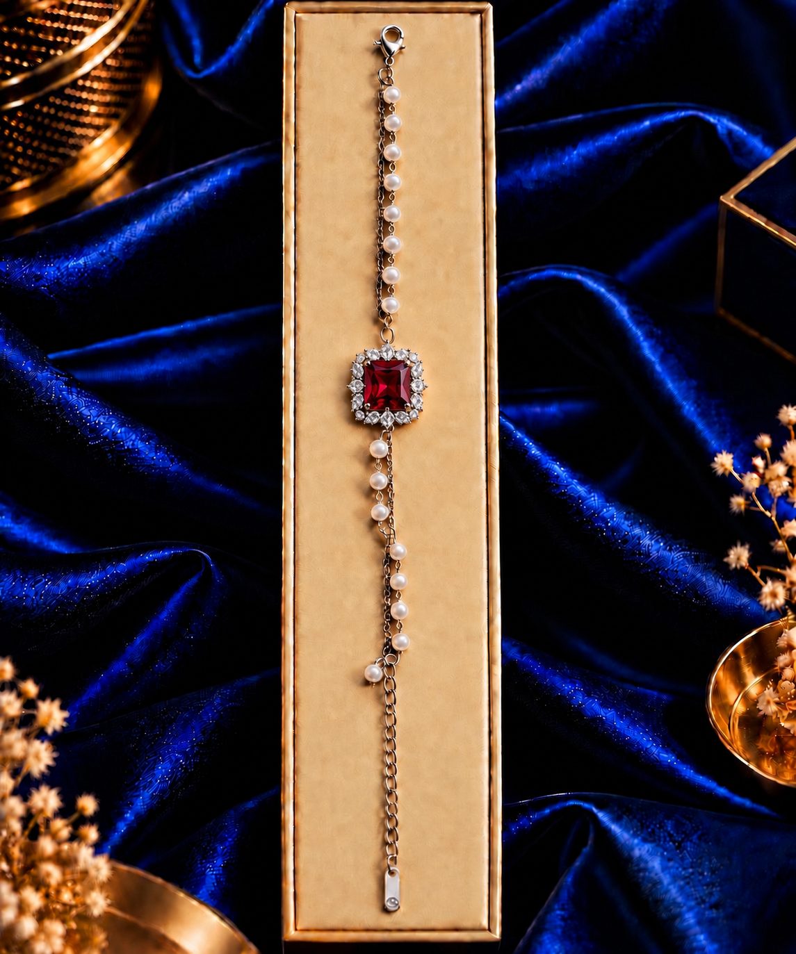 Ruby Square Pearl Crystal Bracelet