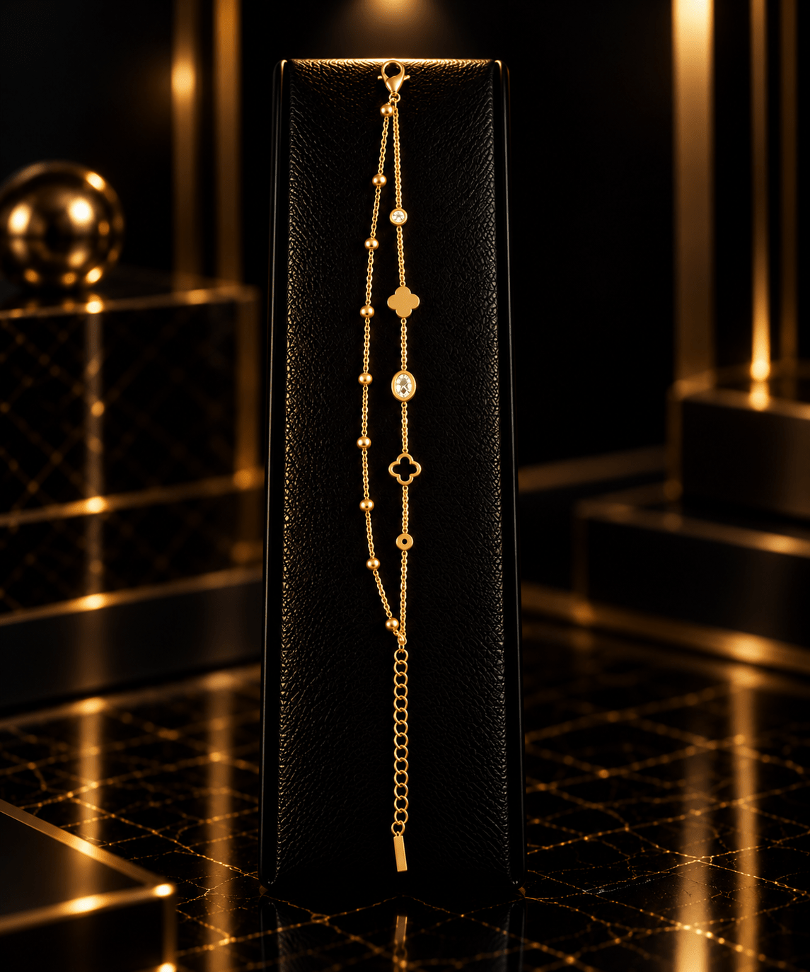 Golden Clover Crystal Double Chain Bracelet