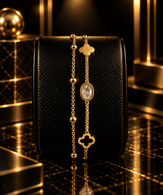 Golden Clover Crystal Double Chain Bracelet