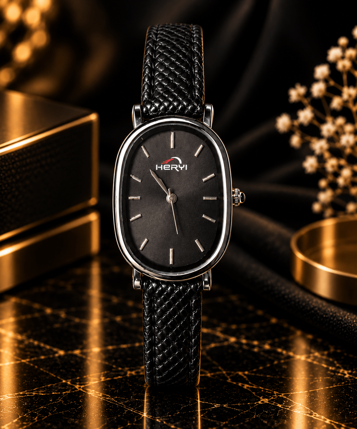 HERYI Classic Black Leather Watch