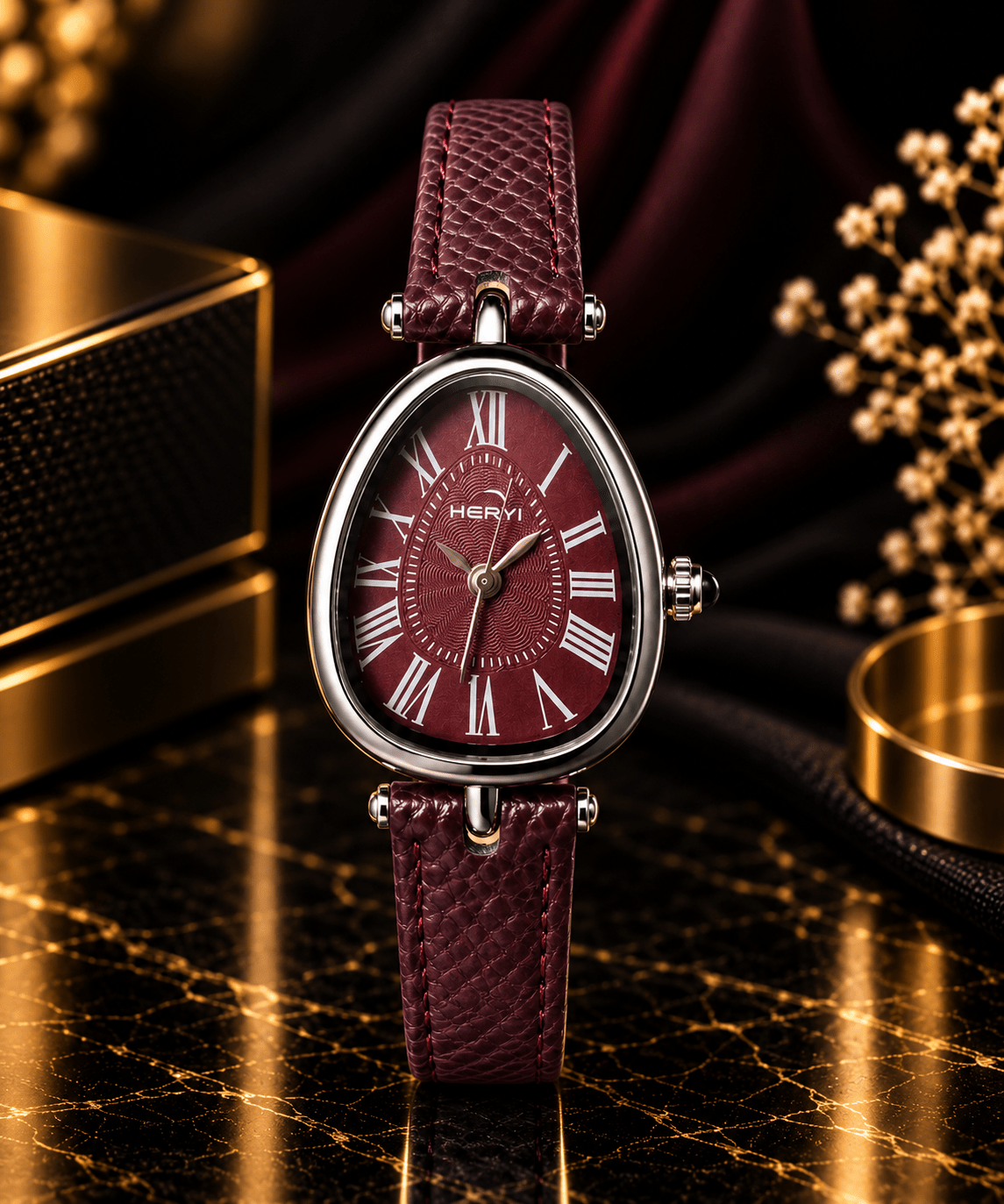 HERYI Roman Burgundy Leather Watch