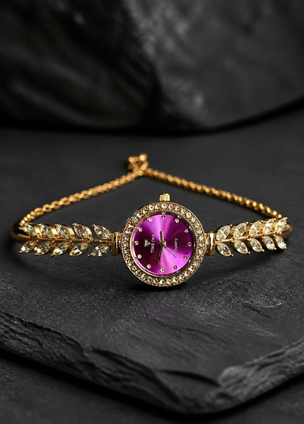 Luxury Gold Leaf Bracelet Watch for Women – Purple Crystal Dial | Elegant Fashion Wristwatch
