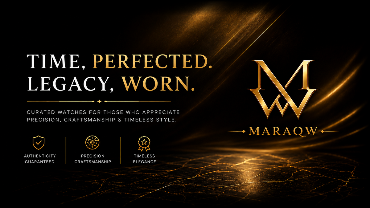 Promotional graphic for Maraqw watches featuring the brand name and logo in gold on a black background with elegant gold light streaks and text reading 'TIME, PERFECTED. LEGACY, WORN.