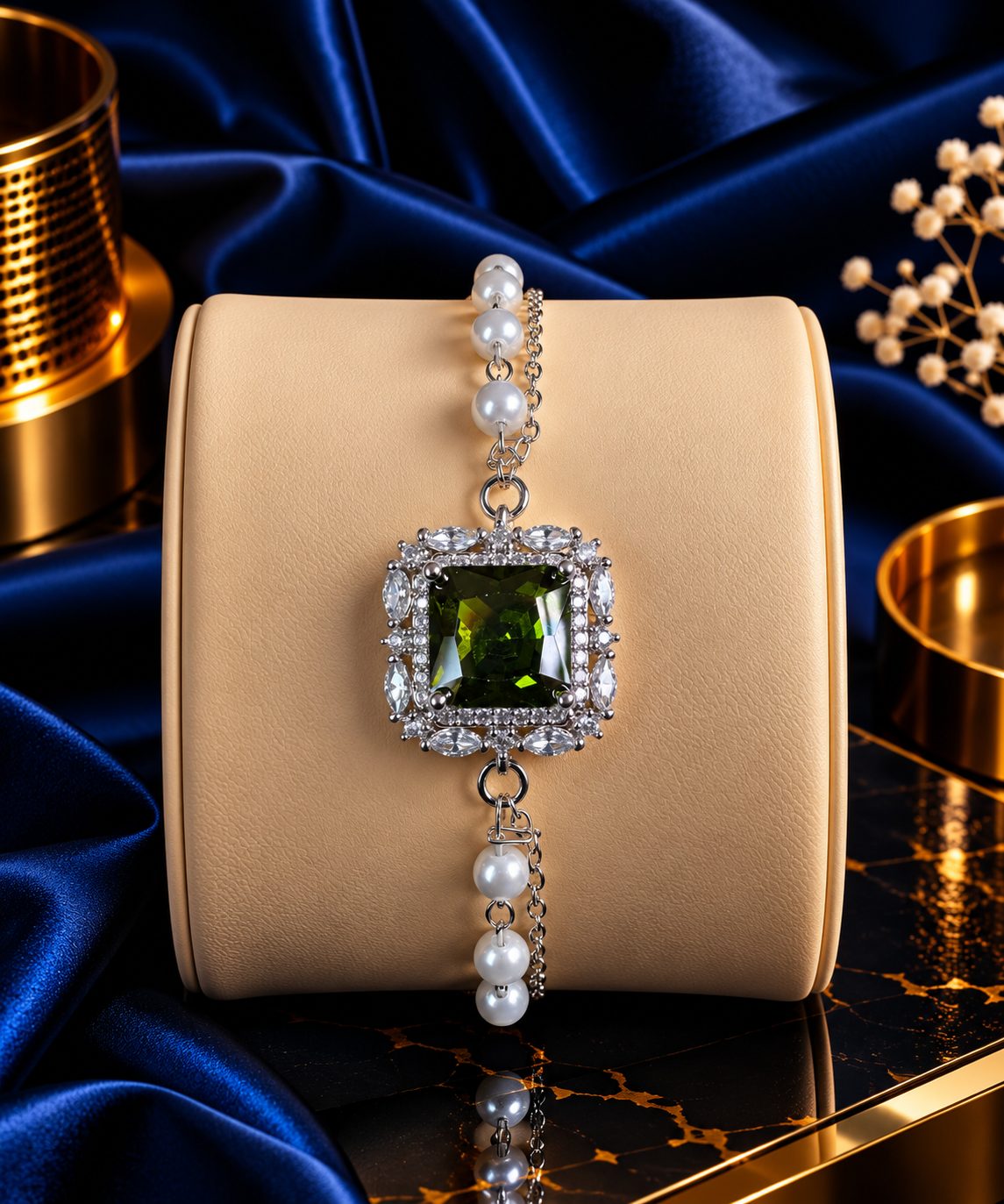 Emerald Square Pearl Crystal Bracelet