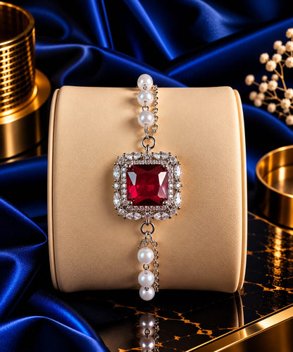 Ruby Square Pearl Crystal Bracelet